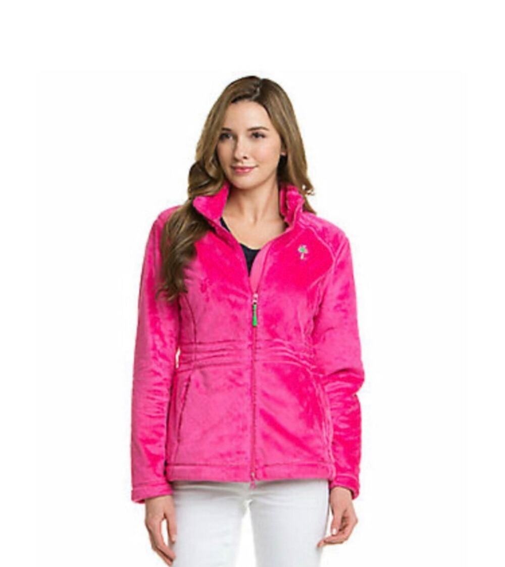 Lilly Pulitzer Jacket Hot Pink Maddie Plush Full Zip Fleece Green Chest Logo XL